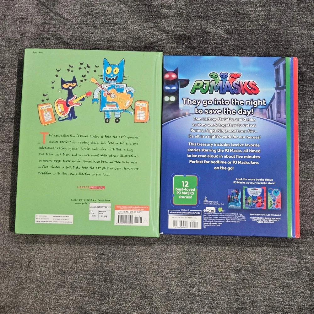 Lot of 2 5 Minute Pete the Cat Stories &‎ PJ Masks Stories Kids Bedtime Book Set